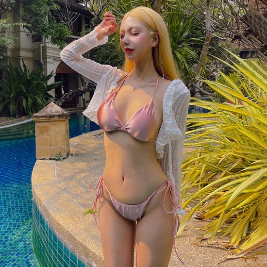 Shining gold tube top split bikini sexy hot girl three-point small breast push-up beach swimsuit vacation