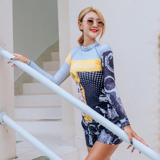 New long-sleeved split sexy swimsuit for women covering belly, slimming and small breasts gathering, conservative square angle, seaside resort hot spring