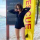 New long-sleeved zipper swimsuit for women, conservative boxer angle, belly-covering, slimming black one-piece wetsuit for women