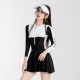 New one-piece swimsuit for women that covers the belly and looks slimming solid color simple sexy conservative small breast push up hot spring swimsuit