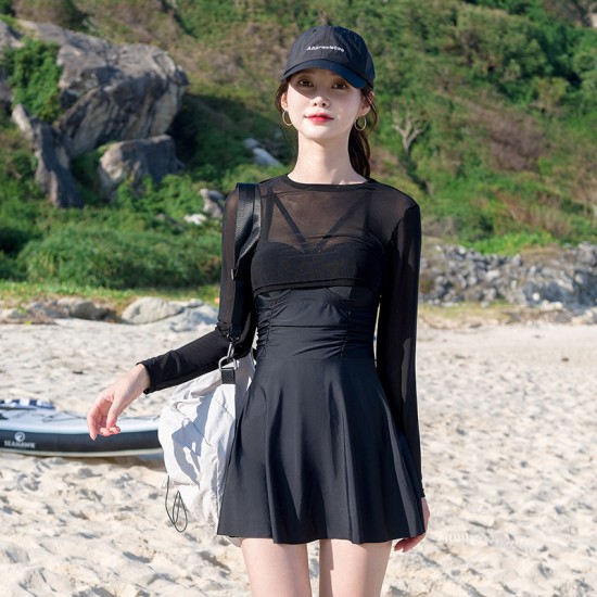 Mesh sunscreen long-sleeved see-through sexy quick-drying hot spring vacation conservative skirt style plus size plus size one-piece swimsuit for women