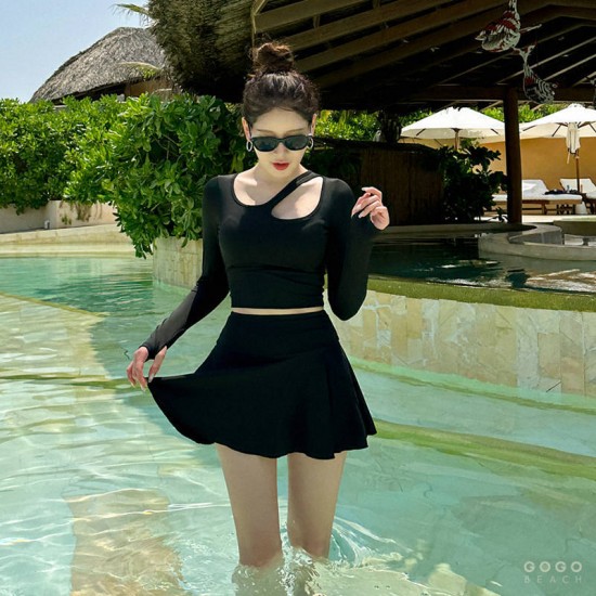 Korean style black split swimsuit women's long-sleeved sunscreen and flesh-covering slimming swimsuit quick-drying swimsuit