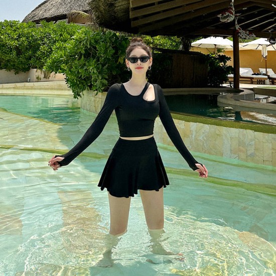 Korean style black split swimsuit women's long-sleeved sunscreen and flesh-covering slimming swimsuit quick-drying swimsuit
