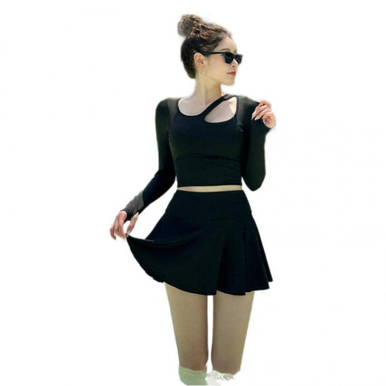 Korean style black split swimsuit women's long-sleeved sunscreen and flesh-covering slimming swimsuit quick-drying swimsuit