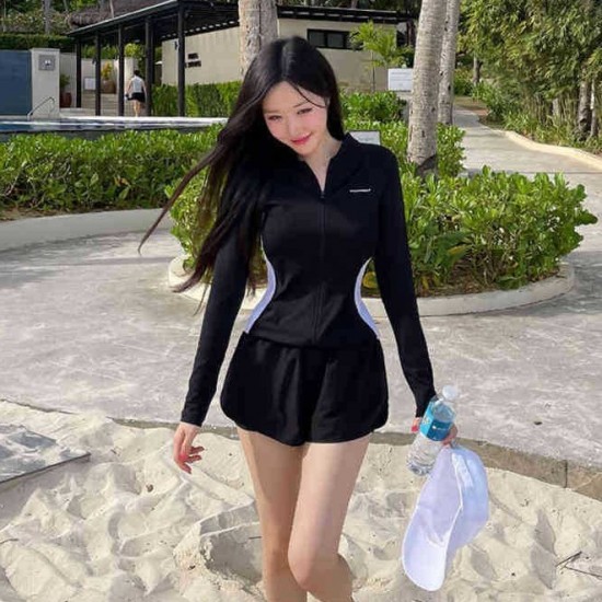 Korean style solid color three-piece swimsuit for women to cover the flesh and look slimming, sun protection diving swimsuit, zipper conservative split swimsuit