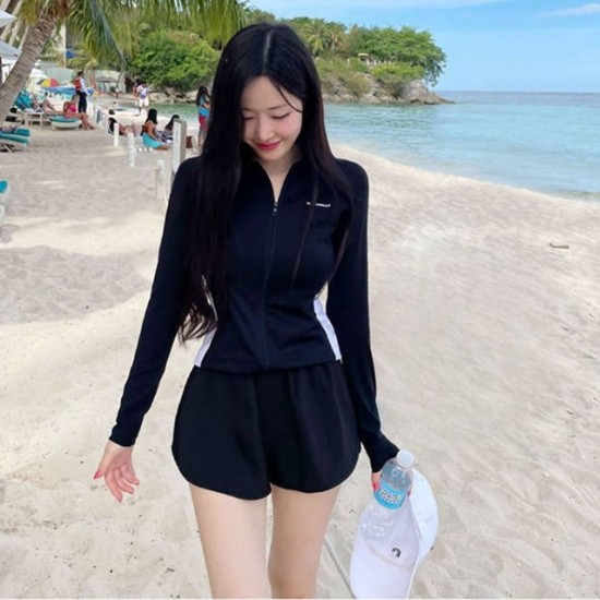 Korean style solid color three-piece swimsuit for women to cover the flesh and look slimming, sun protection diving swimsuit, zipper conservative split swimsuit