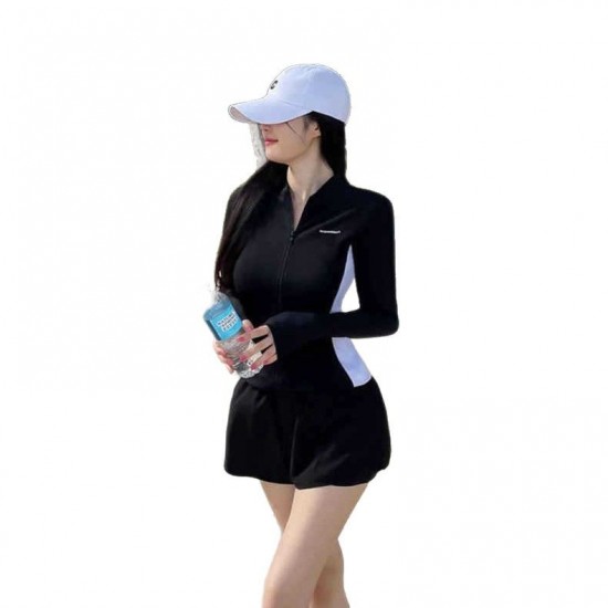 Korean style solid color three-piece swimsuit for women to cover the flesh and look slimming, sun protection diving swimsuit, zipper conservative split swimsuit