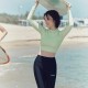 New three-piece black long-sleeved trousers sun protection split swimsuit for women with small breasts and conservative students to cover their belly and make them look slimmer