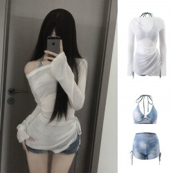 Korean hot girl sexy split bikini new swimsuit women's long-sleeved sun protection slim backless vacation
