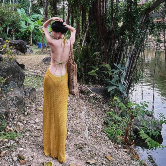 New Sexy Big Backless Bikini Ginger Halter Hollow Knitted Bohemian Beach Skirt Vacation Long Skirt