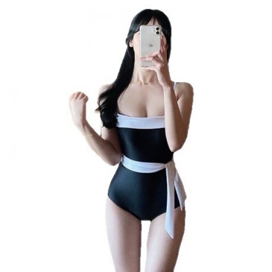Swimsuit one-piece student conservative swimsuit with belt to cover belly and slimming Korean ins slimming black and white spliced ​​swimsuit