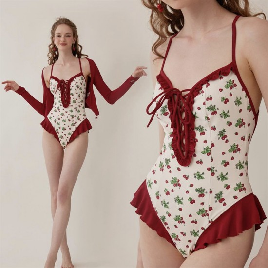 New one-piece sexy swimsuit for women, covering belly, slimming, small breasts, gathering, conservative bikini, spa swimsuit