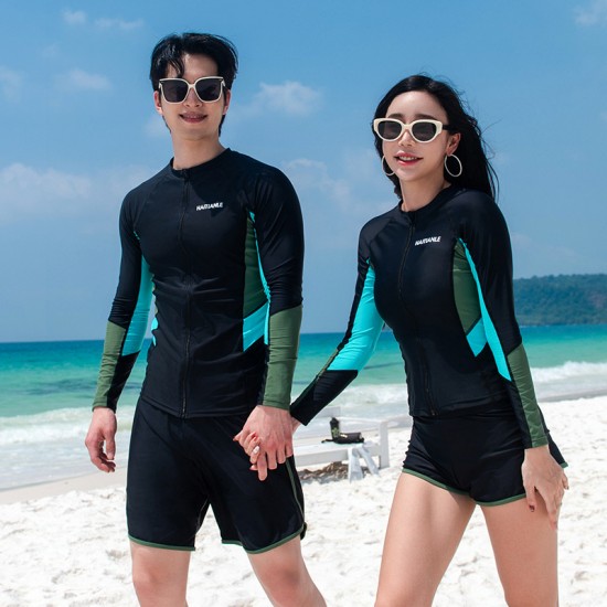 Fashionable swimsuit for couples, split long-sleeved trousers suit, color matching, conservative Japanese and Korean wetsuit, surfing beach