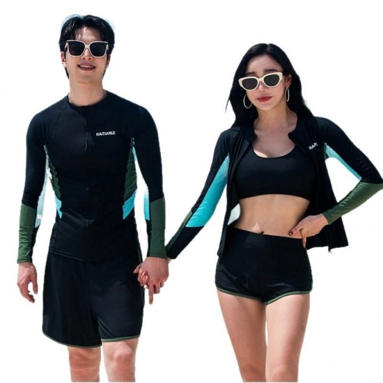Fashionable swimsuit for couples, split long-sleeved trousers suit, color matching, conservative Japanese and Korean wetsuit, surfing beach