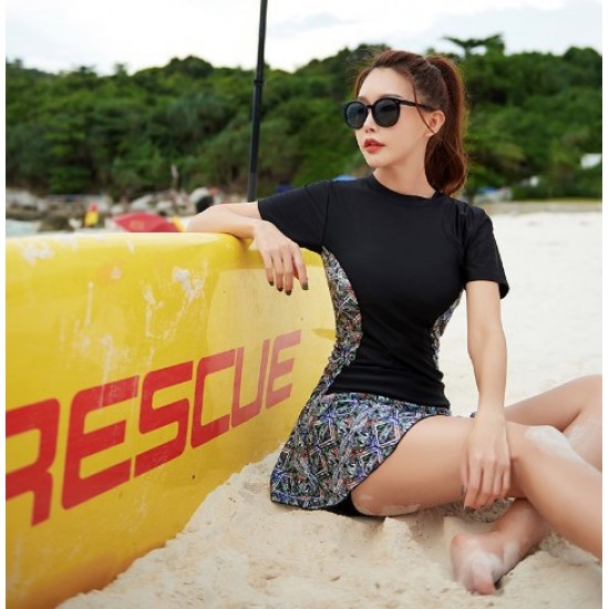New fat girl one-piece swimsuit women's belly-covering slimming simple skirt style conservative small breasts push-up hot spring swimsuit