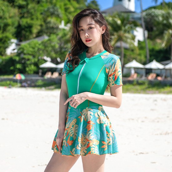 New fat girl one-piece swimsuit women's belly-covering slimming simple skirt style conservative small breasts push-up hot spring swimsuit