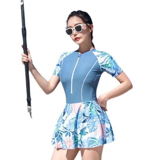New fat girl one-piece swimsuit women's belly-covering slimming simple skirt style conservative small breasts push-up hot spring swimsuit