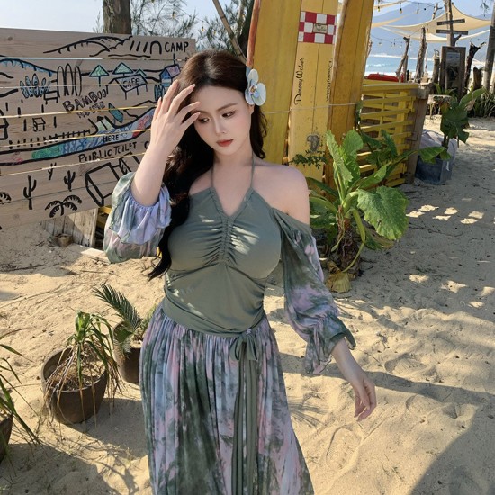 Tie-dye long-sleeved fat mm 200 pounds bikini swimsuit for women with big breasts and large size hot spring seaside gauze skirt swimsuit two-piece set