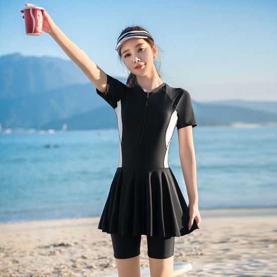 Swimwear women's short-sleeved one-piece skirt boxer sports training conservative student five-quarter pants swimming class hot spring swimwear