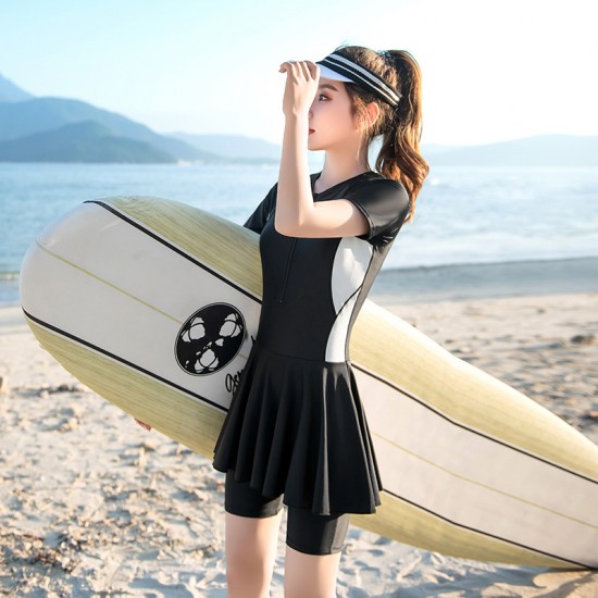 Swimwear women's short-sleeved one-piece skirt boxer sports training conservative student five-quarter pants swimming class hot spring swimwear