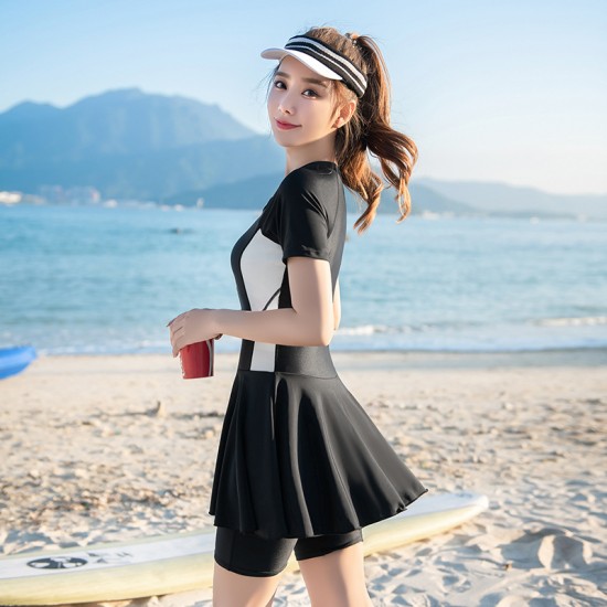 Swimwear women's short-sleeved one-piece skirt boxer sports training conservative student five-quarter pants swimming class hot spring swimwear
