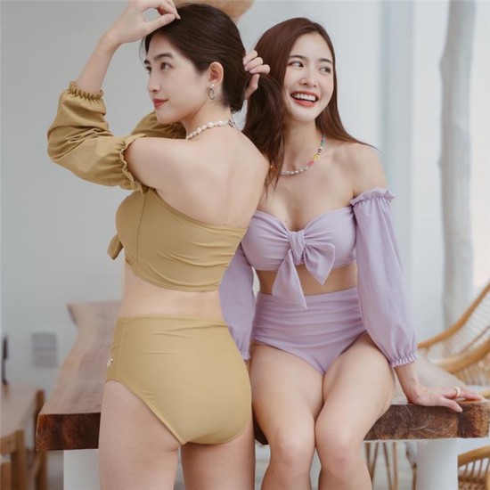 New long-sleeved split sexy swimsuit for women covering belly, slimming and small breasts, conservative bikini spa swimsuit