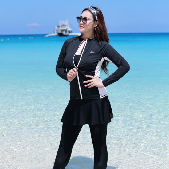 Plus size long-sleeved swimsuit for fat women, split five-piece set of trousers, sun protection hot spring swimsuit, surfing jellyfish suit