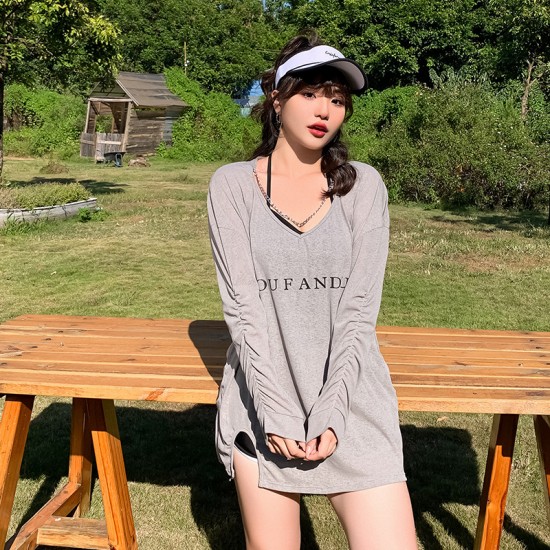 New style fat girl one-piece half-sleeved swimsuit for women to cover belly and look slimming, simple skirt style, conservative small breasts gathered for hot spring bathing