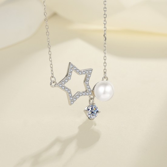 Cross-border hot-selling European and American full body S925 sterling silver moissanite necklace star pearl necklace five-pointed star flash diamond versatile