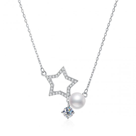 Cross-border hot-selling European and American full body S925 sterling silver moissanite necklace star pearl necklace five-pointed star flash diamond versatile