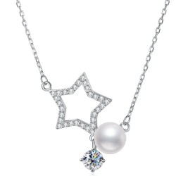 Cross-border hot-selling European and American full body S925 sterling silver moissanite necklace star pearl necklace five-pointed star flash diamond versatile
