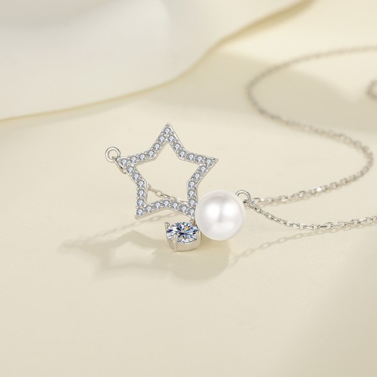 Cross-border hot-selling European and American full body S925 sterling silver moissanite necklace star pearl necklace five-pointed star flash diamond versatile