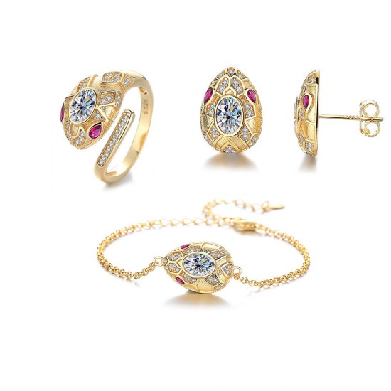 Sterling Silver S925 Moissanite Snake Head Ring Bracelet Earrings Set 1 Carat Pigeon Egg D Color Cross-Border Hot Selling Fashion