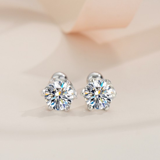 Sterling silver S925 threaded earrings, sparkling moissanite 30 points, classic six-claw inlaid moissanite in-wind screw earrings